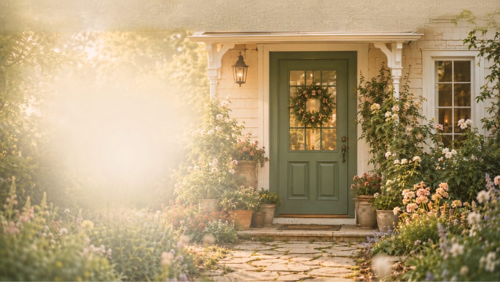 Welcome home — a cottage with a green front door and garden
