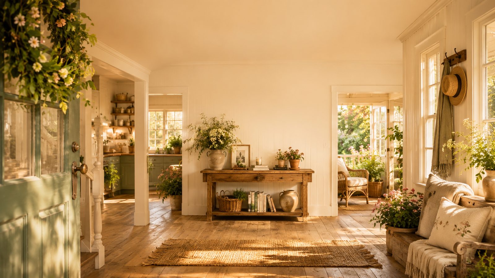 Warm cottage foyer with garden light